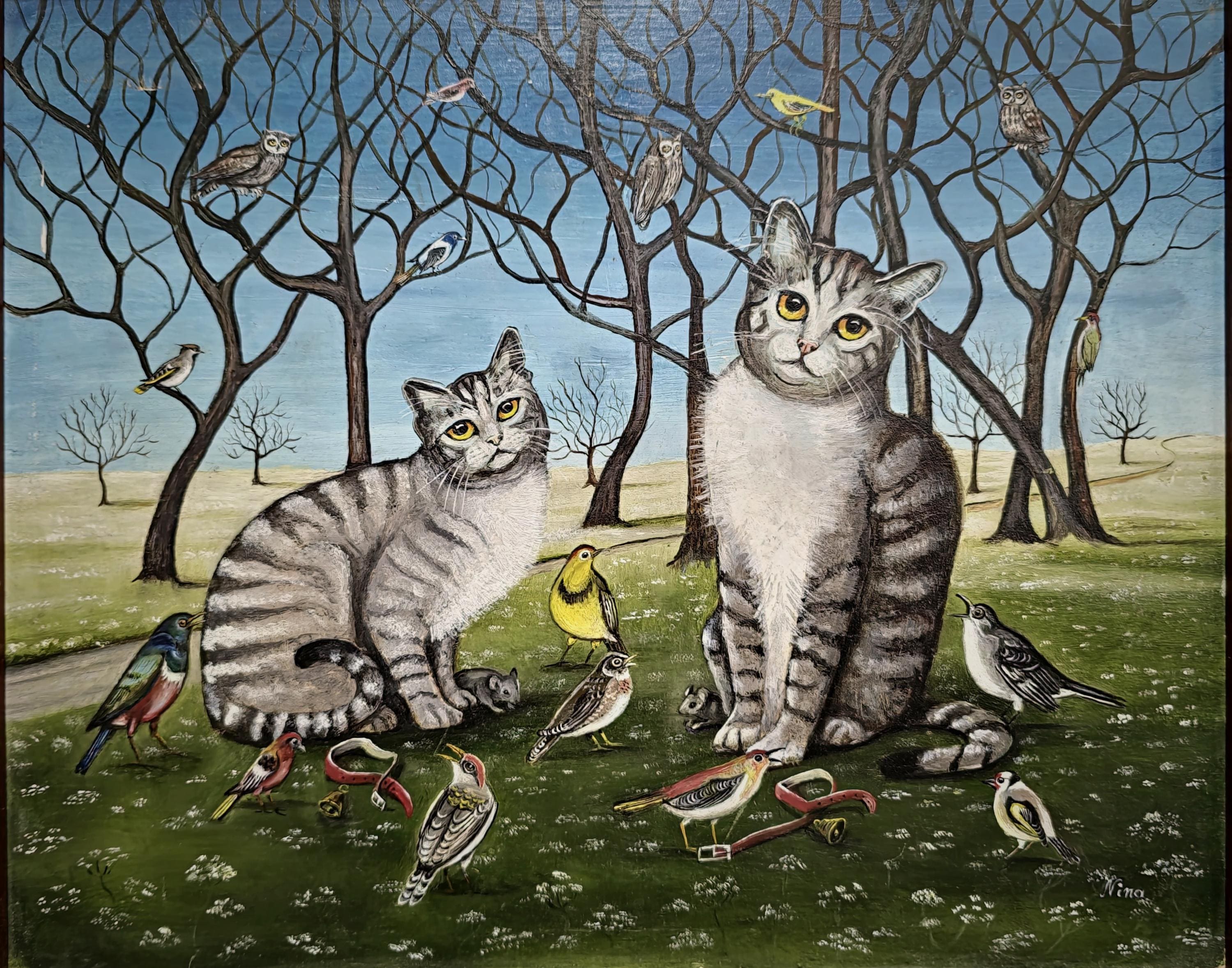 素朴な猫の油絵、素朴な動物の民芸品、ヴィンテージのヨーロッパの壁