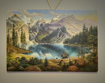 アンティークの山岳湖の油絵、スイスアルプスの風景、署名入り - Etsy 日本