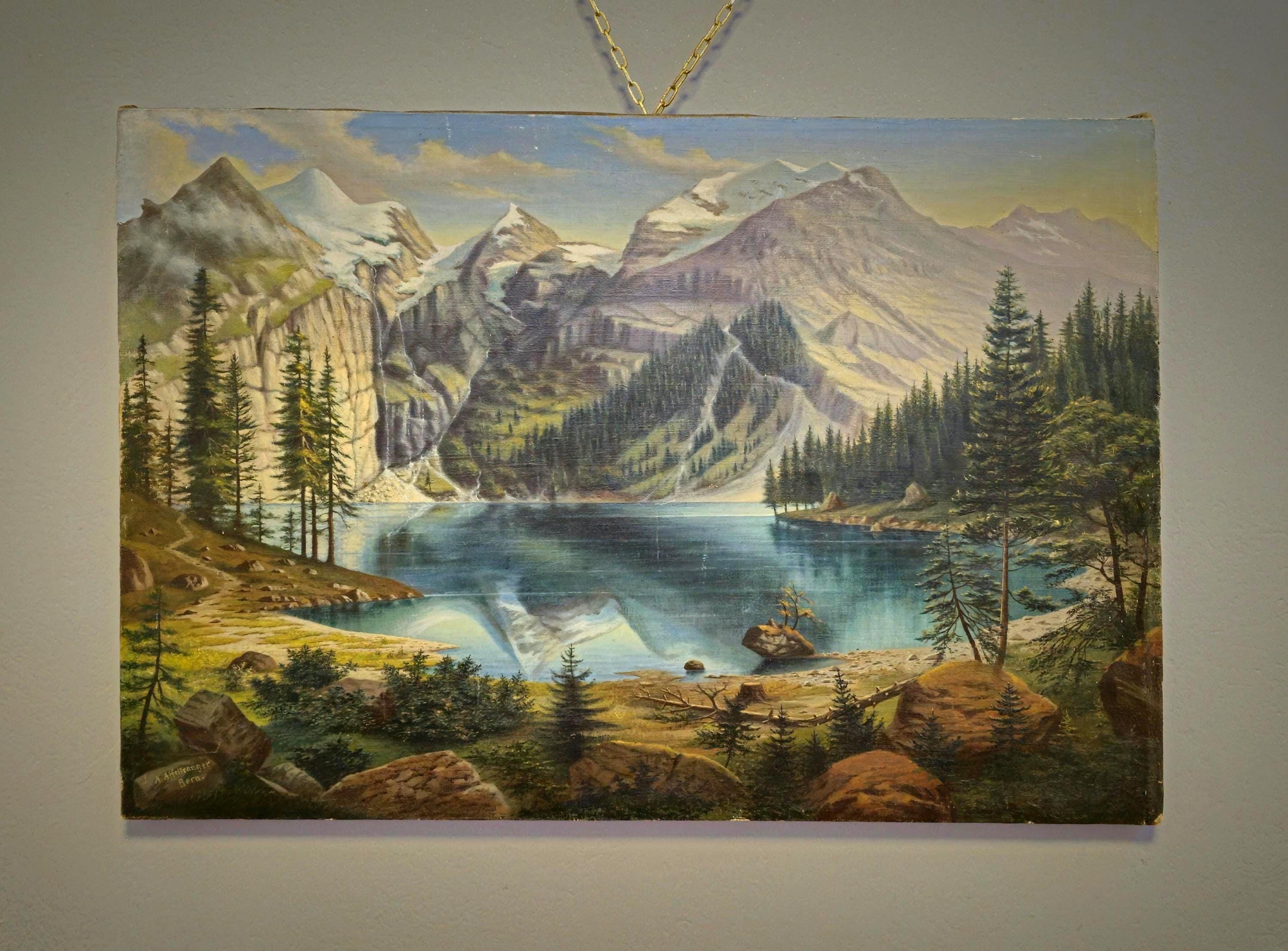 昭和レトロ 油絵 絵画 アート 風景画 山水画 湖 湖畔 森林 壁掛け 壁飾り 昭和レトロ l.y.pnk 風景画 森林 山水 油絵 油彩画 絵画 アート