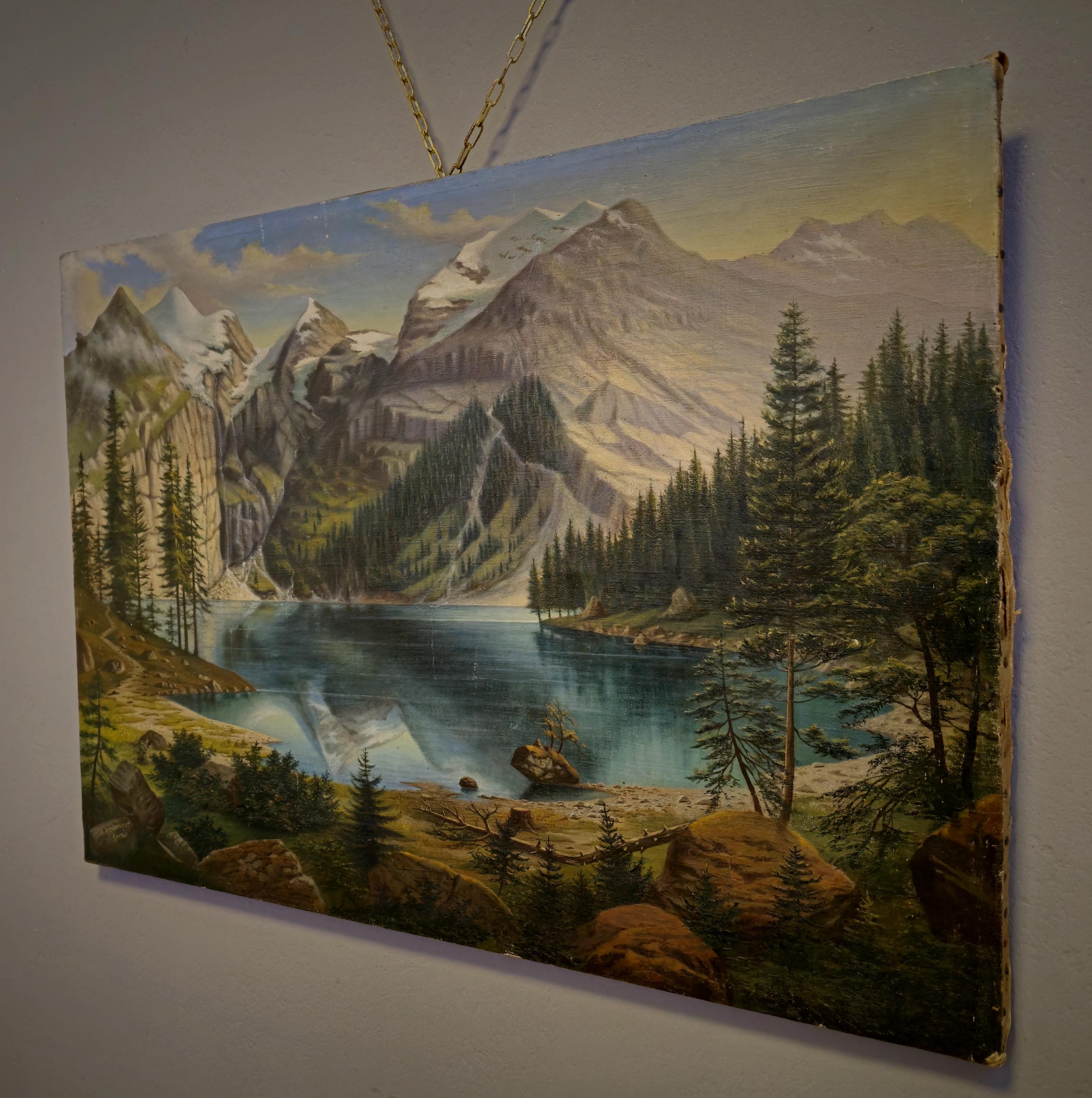 Mountain Landscape Painting, Forest Lake Antique Oil