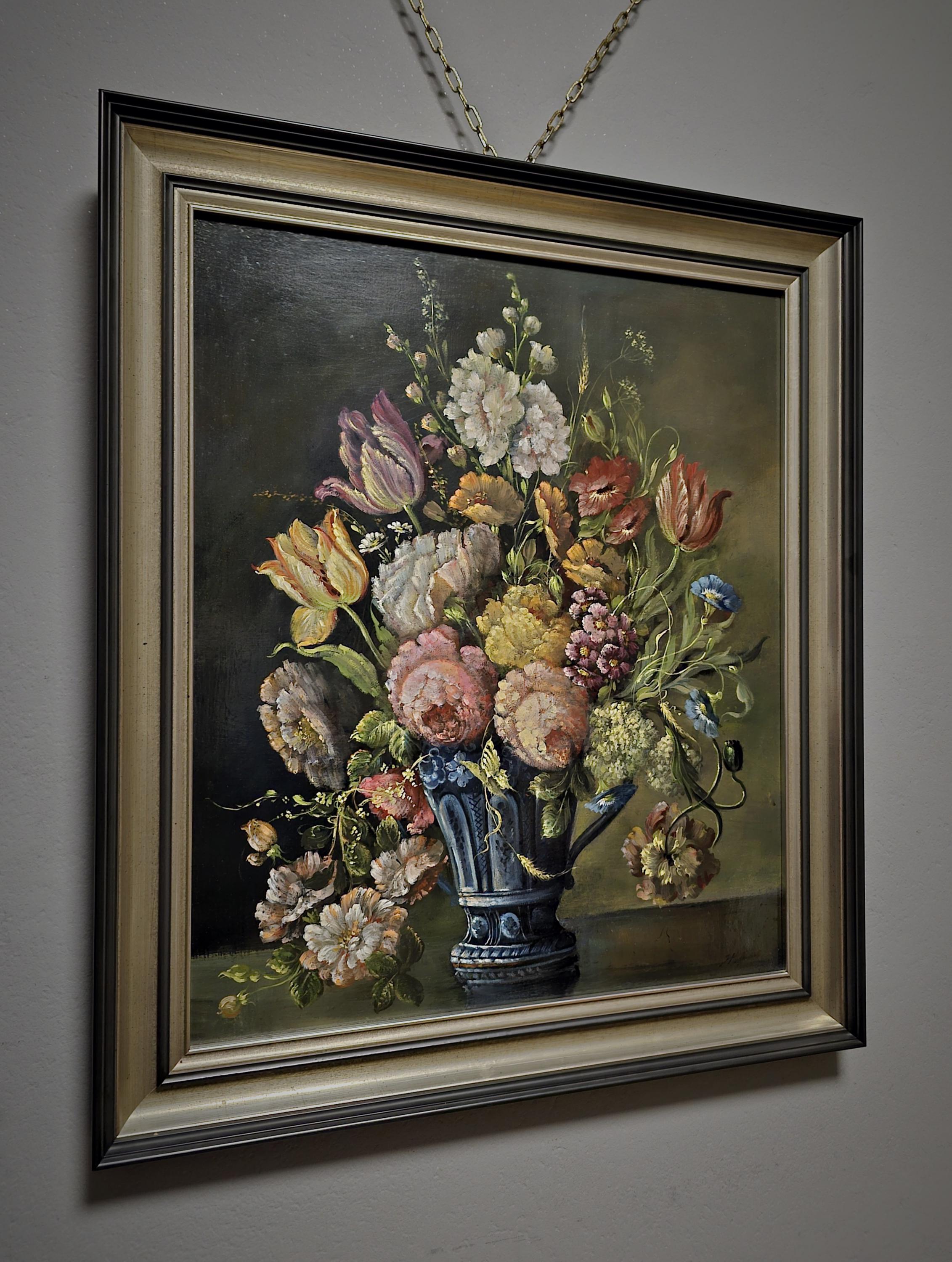 Antique Dutch Floral Still Life Oil Painting, Signed Flower