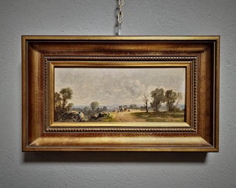 アンティークフランスロマン主義油絵、19世紀の風景画、署名入り