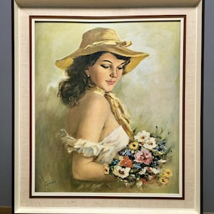 ヴィンテージフローラルな女性の肖像画油絵、クラシックなヨーロッパの