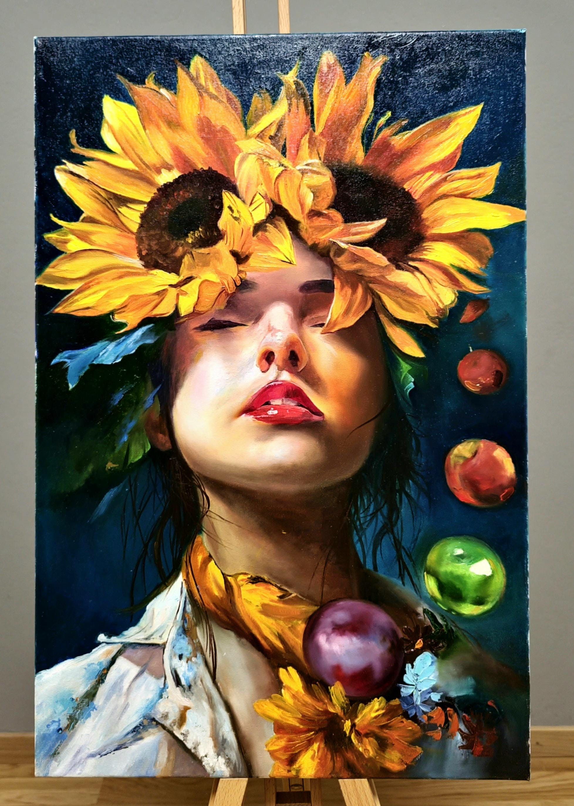 ひまわりを持つシュールな女性の油絵、フランスの肖像画 - Etsy 日本