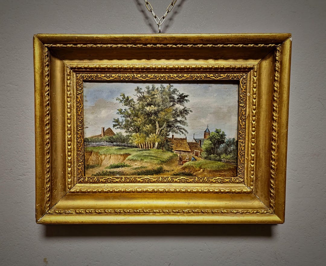 Antique German Oil Painting Rural Landscape With Figures, Original 19th ...