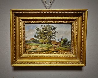 アンティークフランスロマン主義油絵、19世紀の風景画、署名入り