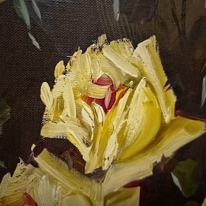 A refined collectible floral oil painting with yellow roses composition, executed with controlled brushwork and warm tonal layering, reflecting the elegance of mid century European decorative art, suitable for curated art collections, classic residence interiors, or private gallery display, appealing to buyers seeking investment quality artwork, vintage collectible paintings, and distinctive fine art gifts for collectors, art advisors, or sophisticated home owners