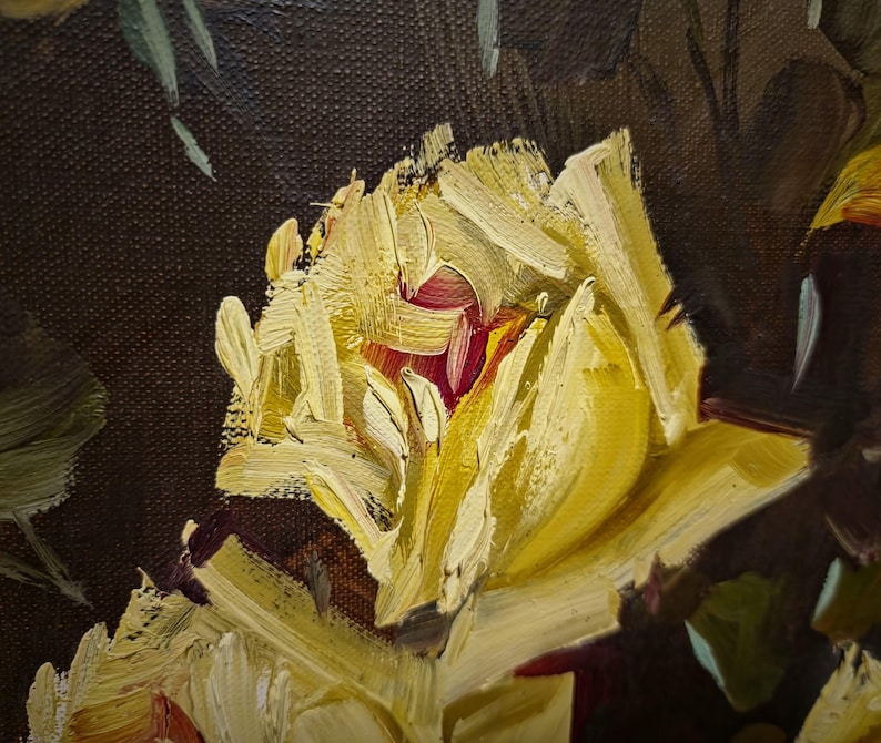 A refined collectible floral oil painting with yellow roses composition, executed with controlled brushwork and warm tonal layering, reflecting the elegance of mid century European decorative art, suitable for curated art collections, classic residence interiors, or private gallery display, appealing to buyers seeking investment quality artwork, vintage collectible paintings, and distinctive fine art gifts for collectors, art advisors, or sophisticated home owners