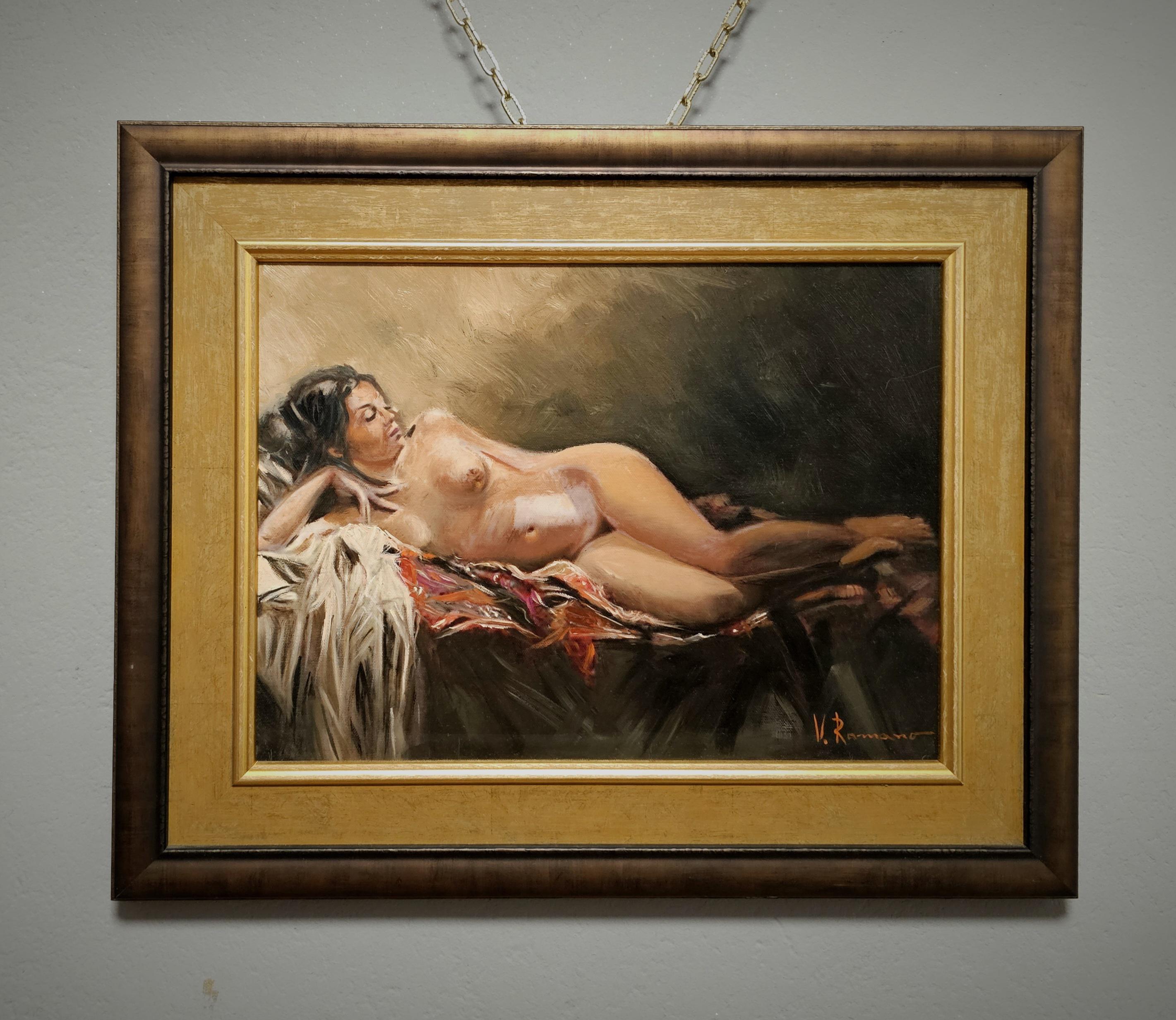 ヴィンテージヌード油絵、官能的な女性の比喩的芸術、ミッドセンチュリーイタリアのエロティックな装飾、金箔の額縁に入ったサイン入りのロマンチックな私室の壁アート  - Etsy 日本