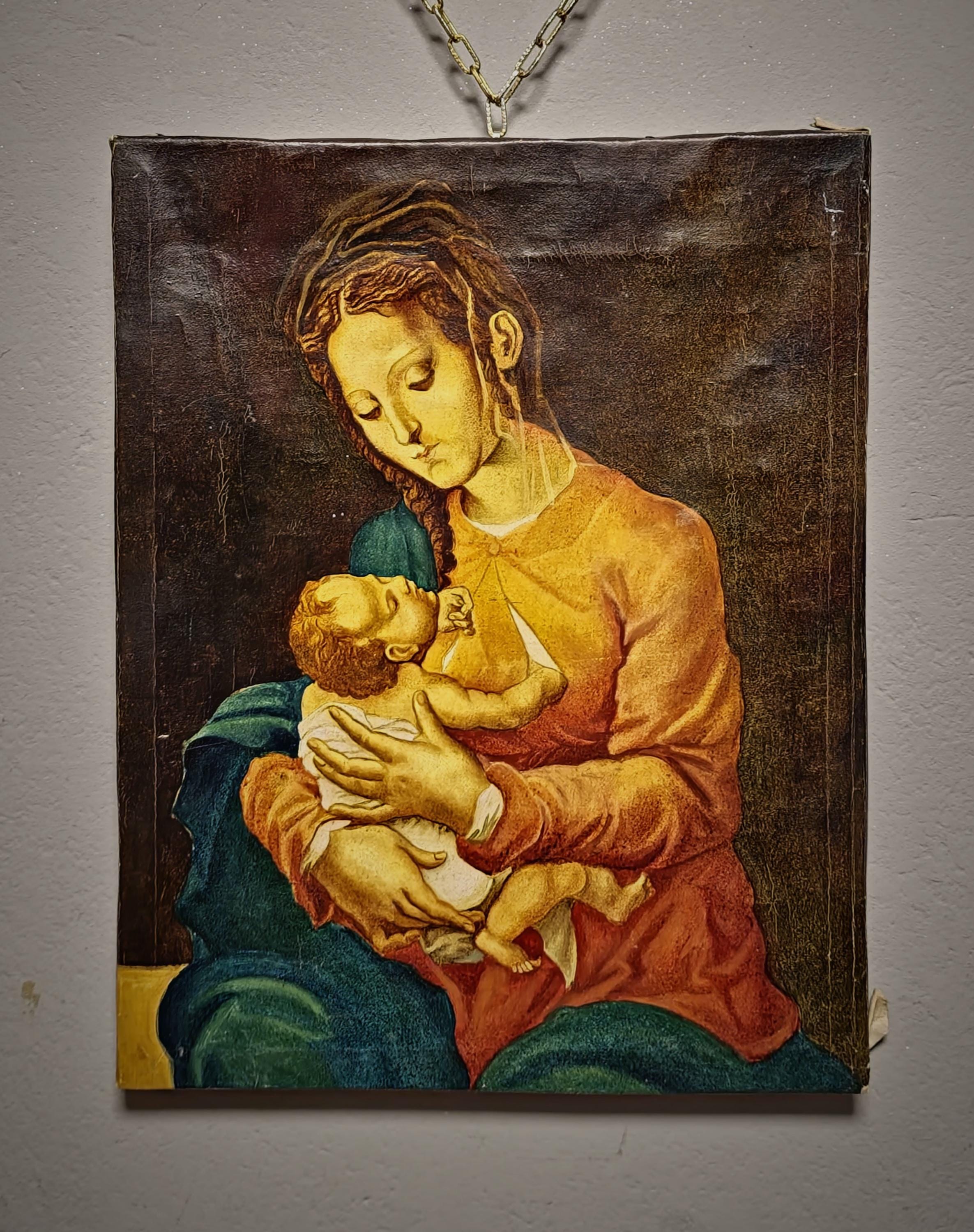 Vintage Madonna and Child Painting, French Religious Oil Art