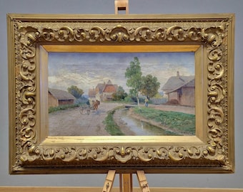 Antique Village Oil Painting, 19th Century Landscape Framed Painting, European Village Art, Swiss Country Decor, Hand Painted Art