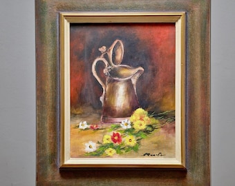 フランス　アンティーク　手描き　絵画　静物画 ヴィンテージの静物画、素朴な水差しのキッチン装飾、額入りの花の油絵