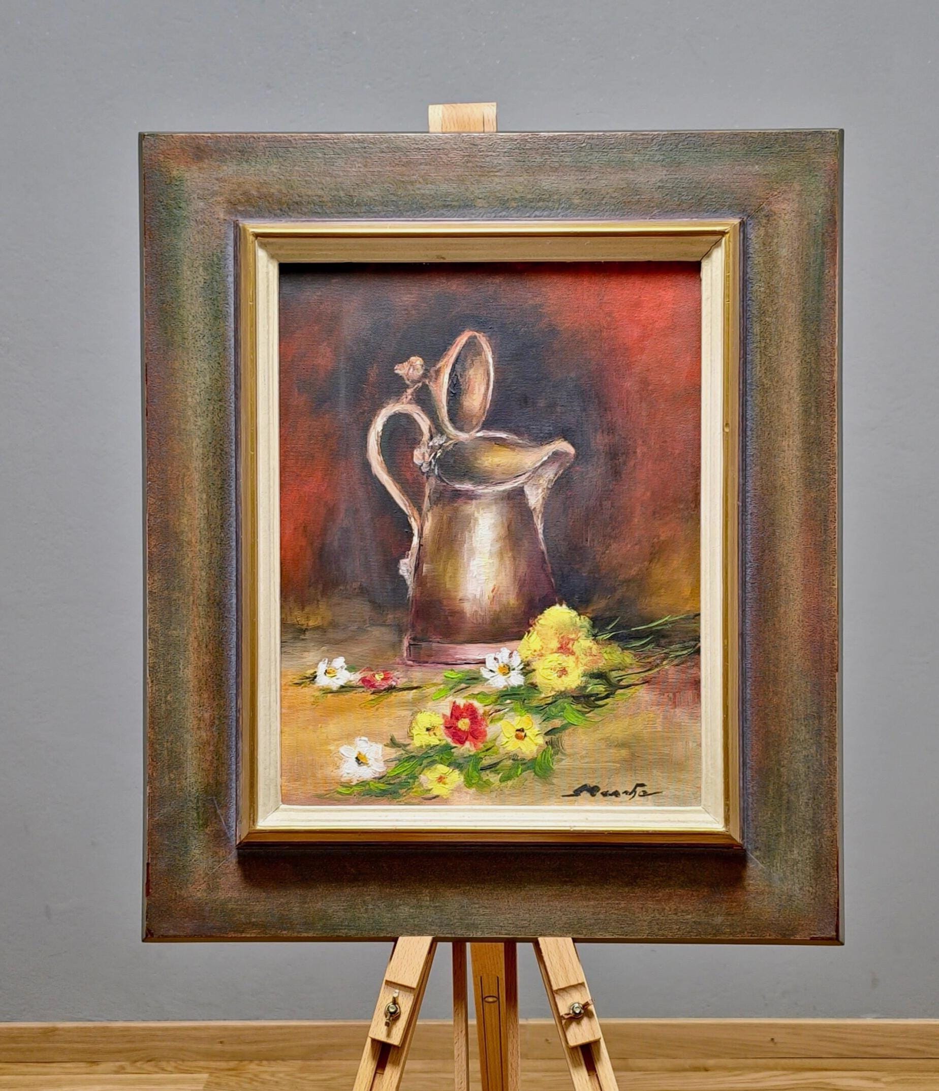 【真作】絵画　油彩8号　花の饗宴　花瓶とグラスの静物　温もりある静物画　X20 真作】絵画 油彩8号 花の饗宴 花瓶とグラスの静物 温もりある