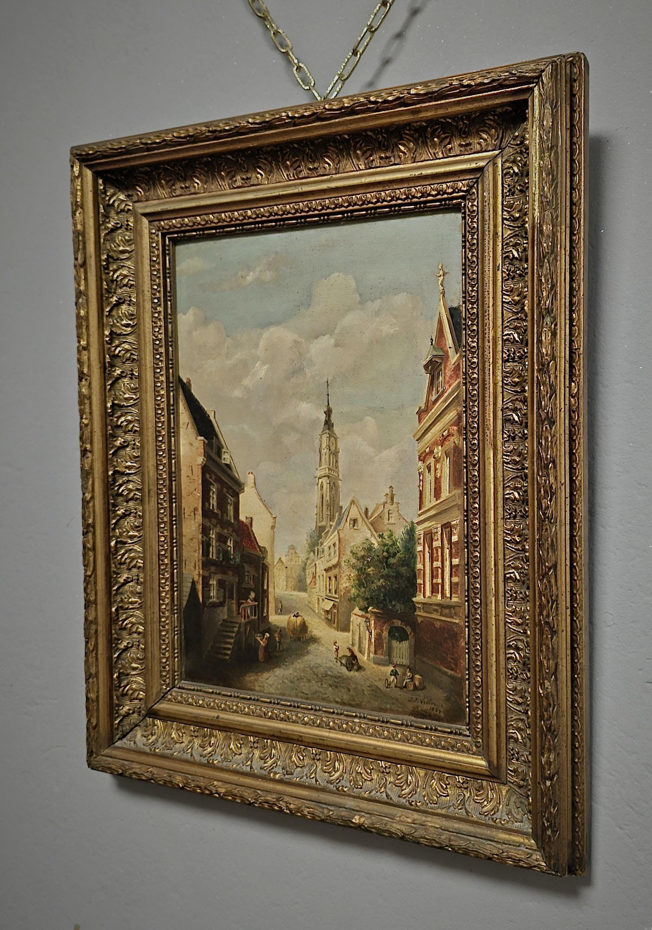 アンティーク 街並み 油彩画 油絵 風景画 絵画 額縁 アート 美術 芸術 アンティークのベルギーの街並み油絵、金色の額縁に入ったオリジナル