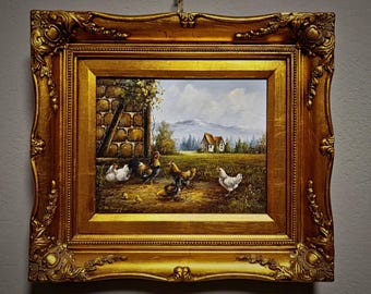 アンティークの大型フランス油絵、金色の額縁、牛のいる森の秋の風景