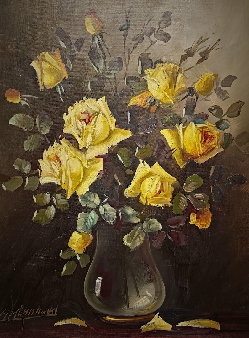 A striking large oil painting with yellow roses bouquet, created as a refined floral still life composition with balanced light and shadow, reflecting vintage European painting traditions, suitable for botanical home decor, dining room wall art, or curated gallery interiors, appealing to buyers seeking collectible paintings, vintage oil paintings, or distinctive decorative artwork for housewarming, anniversary, or holiday gifts