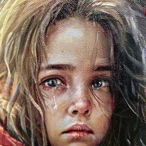 Eyes of the Forgotten, a vintage Italian oil portrait by S Rodriguez, dated 1990. This signed realistic painting captures deep emotion, making it ideal for classic wall decor and an excellent gift for art collectors and enthusiasts of Italian realism
