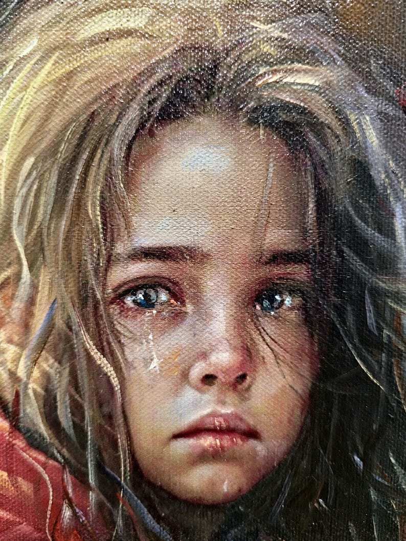 Eyes of the Forgotten, a vintage Italian oil portrait by S Rodriguez, dated 1990. This signed realistic painting captures deep emotion, making it ideal for classic wall decor and an excellent gift for art collectors and enthusiasts of Italian realism