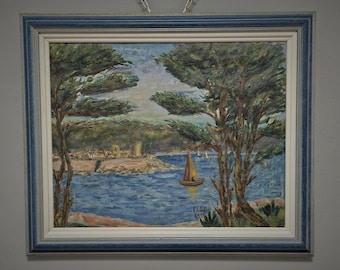 Vintage Frans zeegezicht-olieverfschilderij, ondertekende mediterrane havenscène, postimpressionistische kustkunst, nautisch wanddecor, uniek cadeau