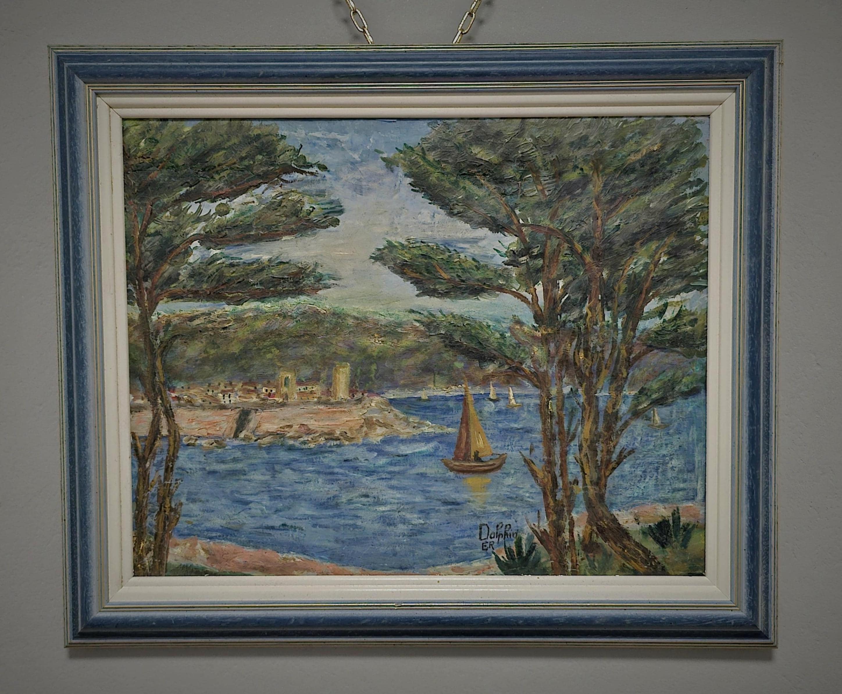 【French Vintage Oil Painting】　油絵　フランス Vintage French Seascape Oil Painting, Signed Mediterranean Harbor