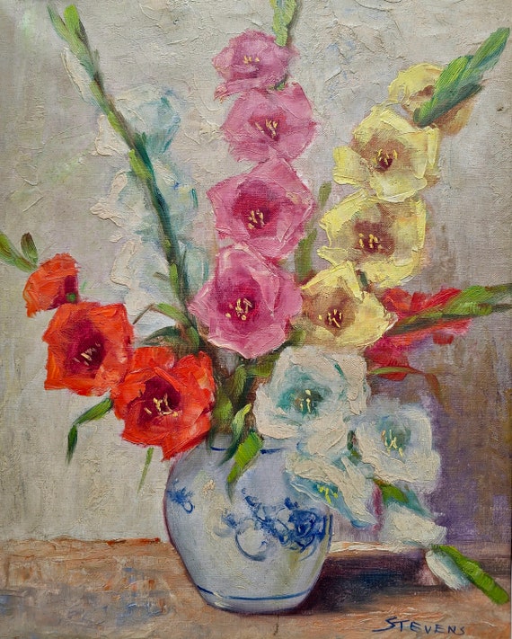 花瓶に飾られたグラジオラスの花の絵画、ヴィンテージの額入り花の油絵