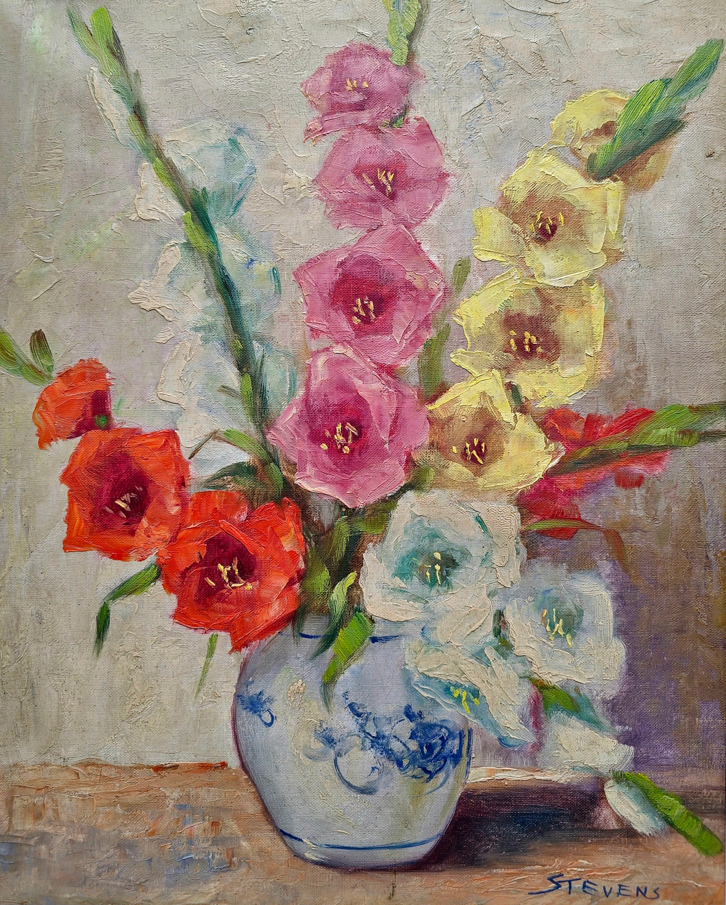 絵画 油絵　グラジョウラス 花瓶に飾られたグラジオラスの花の絵画、ヴィンテージの額入り花