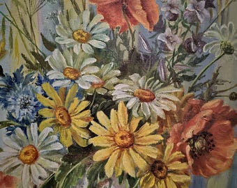 Antique French Floral Oil Painting, Colorful Still Life Bouquet