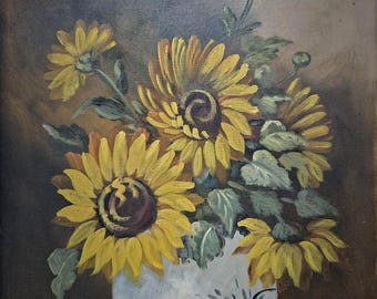 ヴィンテージひまわりの絵画、キャンバスに描かれたオリジナルの花の