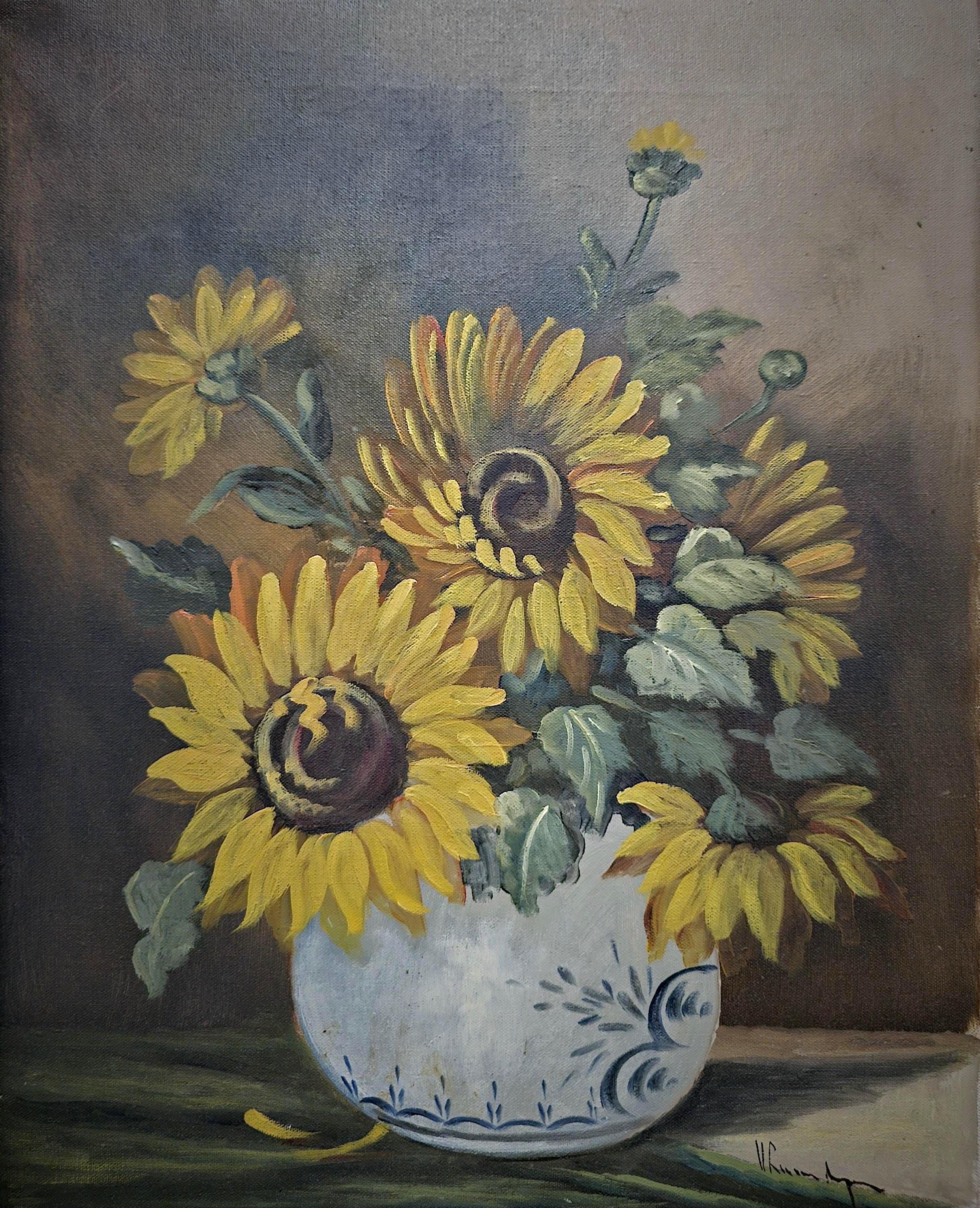 ヴィンテージひまわりの絵画、キャンバスに描かれたオリジナルの花の