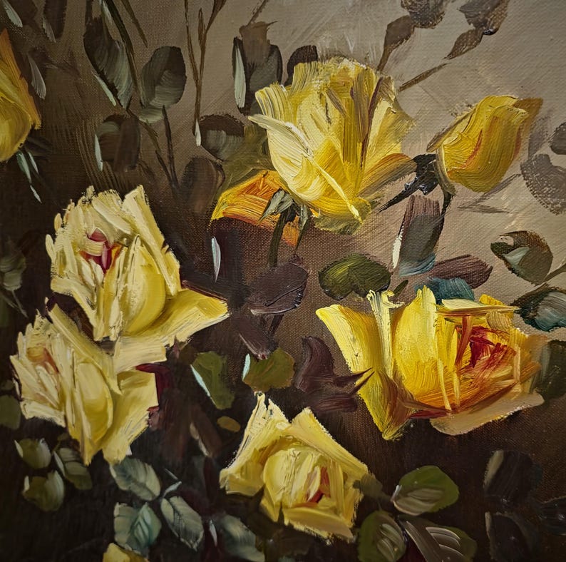 An impressive vintage botanical oil painting with radiant yellow rose bouquet, executed with layered brushwork and subtle tonal depth, embodying timeless floral painting traditions, ideal for elegant home decor, gallery inspired interiors, or refined collector spaces, attracting those searching for original artwork for sale, large decorative painting, and meaningful gift ideas for anniversaries, weddings, housewarming celebrations, or interior design enthusiasts