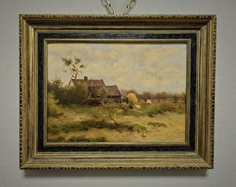大型アンティークフランス風景油絵、署名入りリバー印象派アート
