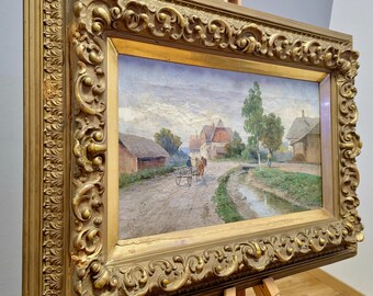 アンティークな村の油絵、19世紀の風景画（額入り）、ヨーロッパ
