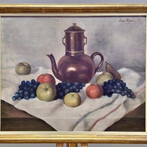 Antique Fruit Still Life Oil Painting Vintage Kitchen Art Signed Oil Painting Teapot and Fruits Scene Hand Painted Art, French Country Decor