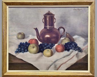 ヴィンテージの静物画、素朴な水差しのキッチン装飾、額入りの花の油絵
