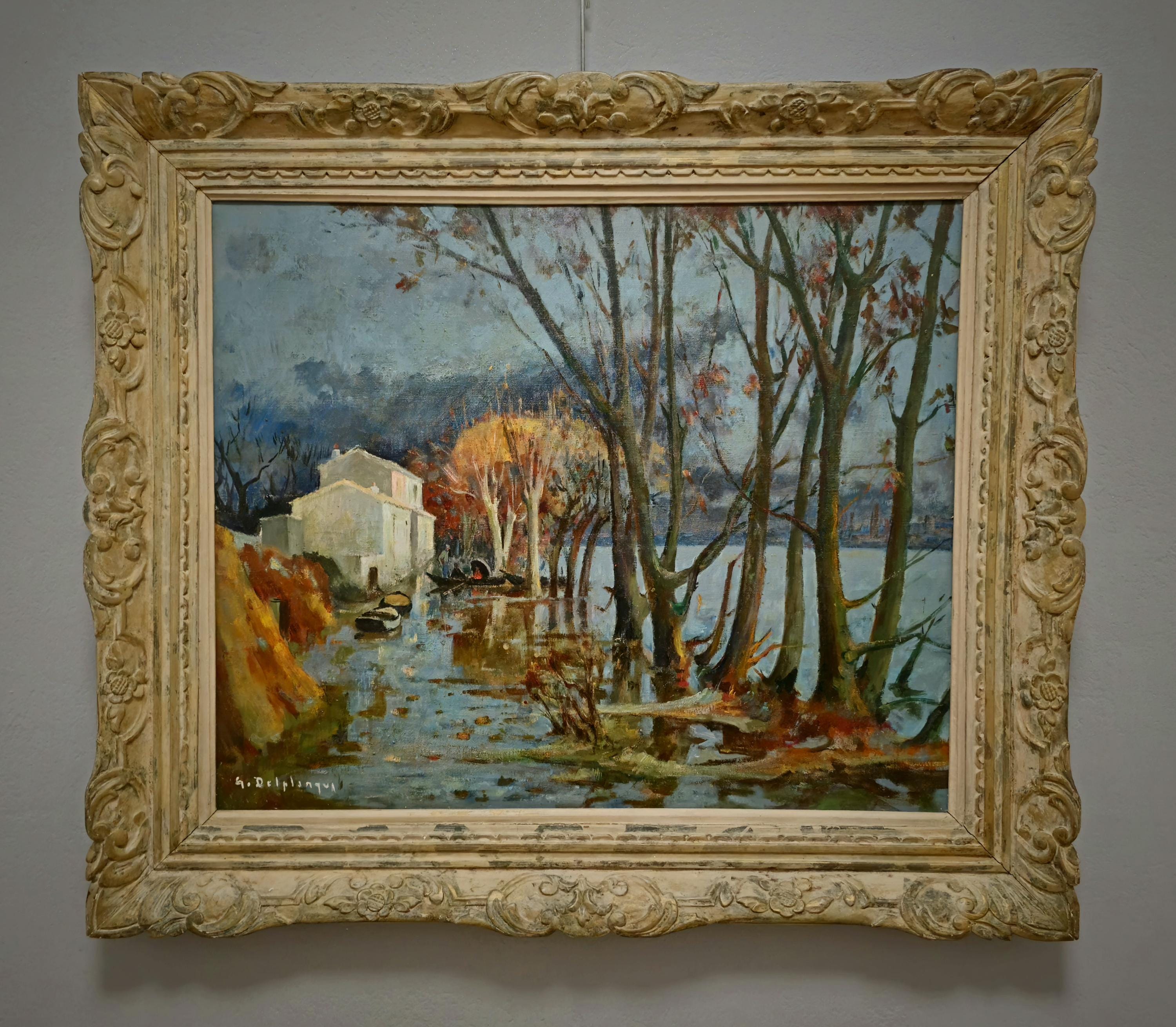大型アンティークフランス風景油絵、署名入りリバー印象派アート
