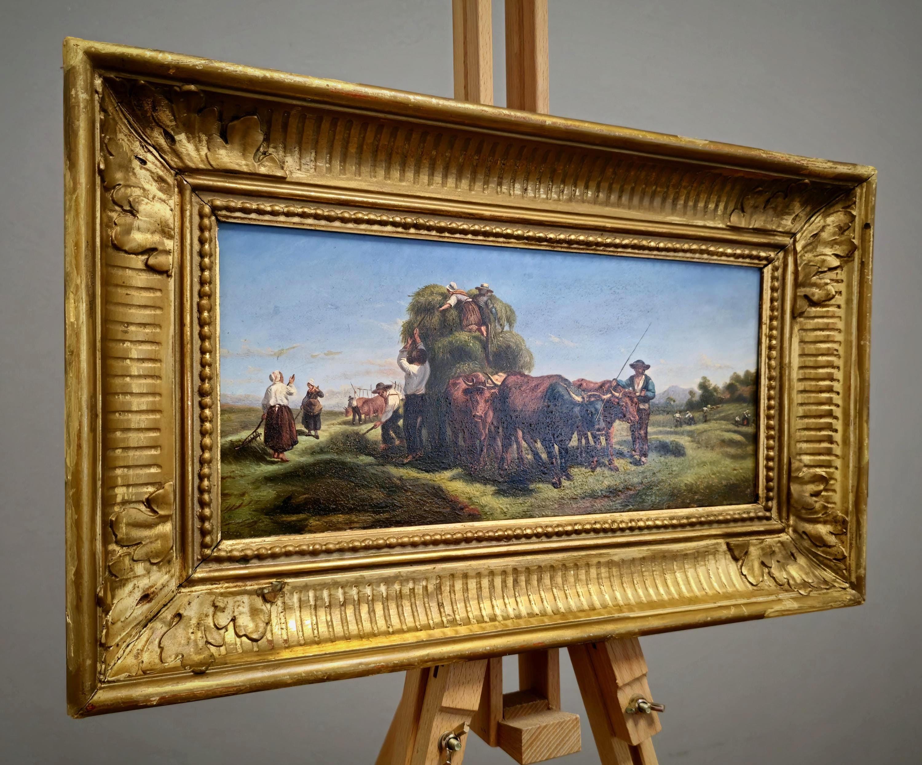 油彩　絵画　イタリア製　アンティーク　オリジナル 牛の油絵アート、木製パネルに描かれたイタリアのアンティーク