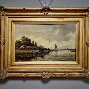 Antique Large Dutch River Landscape Oil Painting Gold Framed Artwork Original Vintage European Art Farmhouse Wall Decor Collectible Fine Art