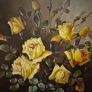 A decorative mid century floral composition with yellow roses in glass vase, executed in oil on canvas with visible brushwork and soft atmospheric depth, representing European decorative realism, ideal for dark academia decor, classic home styling, or refined interior design concepts, attractive to collectors searching for original paintings, flower still life art, and distinctive art gifts for family, friends, or collectors of vintage artwork