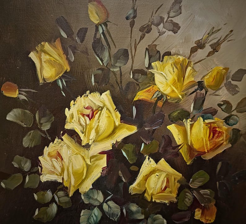 A decorative mid century floral composition with yellow roses in glass vase, executed in oil on canvas with visible brushwork and soft atmospheric depth, representing European decorative realism, ideal for dark academia decor, classic home styling, or refined interior design concepts, attractive to collectors searching for original paintings, flower still life art, and distinctive art gifts for family, friends, or collectors of vintage artwork