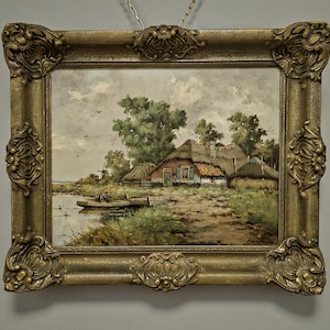 Antique Dutch Landscape Oil Painting Signed Impressionist Artwork On Canvas Framed Vintage Collectible Wall Art Home Decor European Fine Art