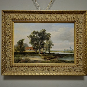 Dutch Antique Landscape Oil Painting, Gold Frame 19th Century Artwork, Vintage European Fine Art for Collectible Wall Decor, Perfect Gift