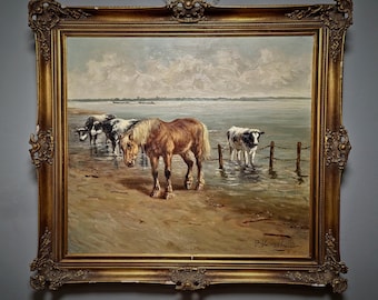 アンティークの大型オランダ風景油絵、サイン入りアート作品