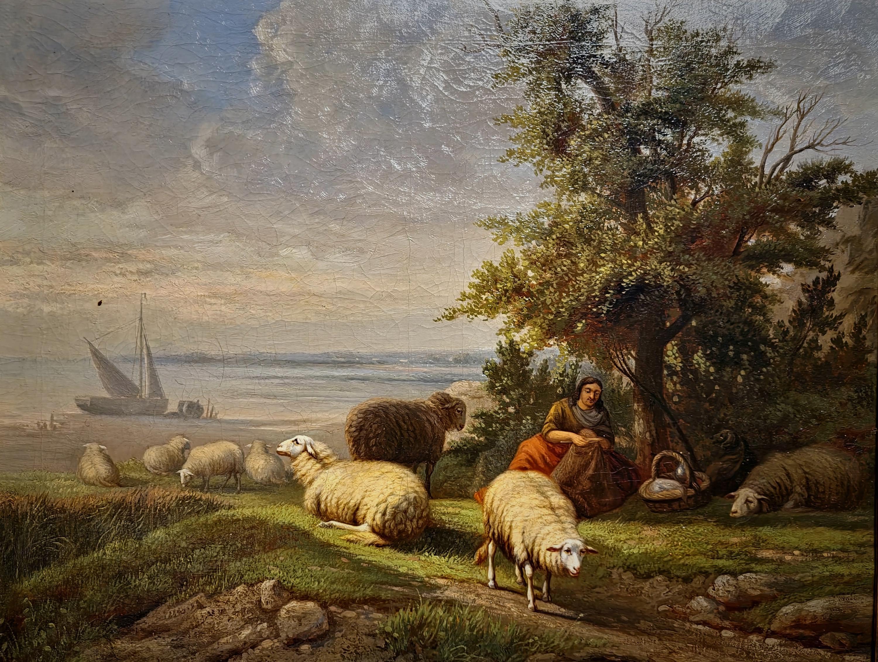 【Pastoral Window 】lithograph直筆サインEdition Antique Dutch Pastoral Landscape Oil Painting, 19th Century Signed