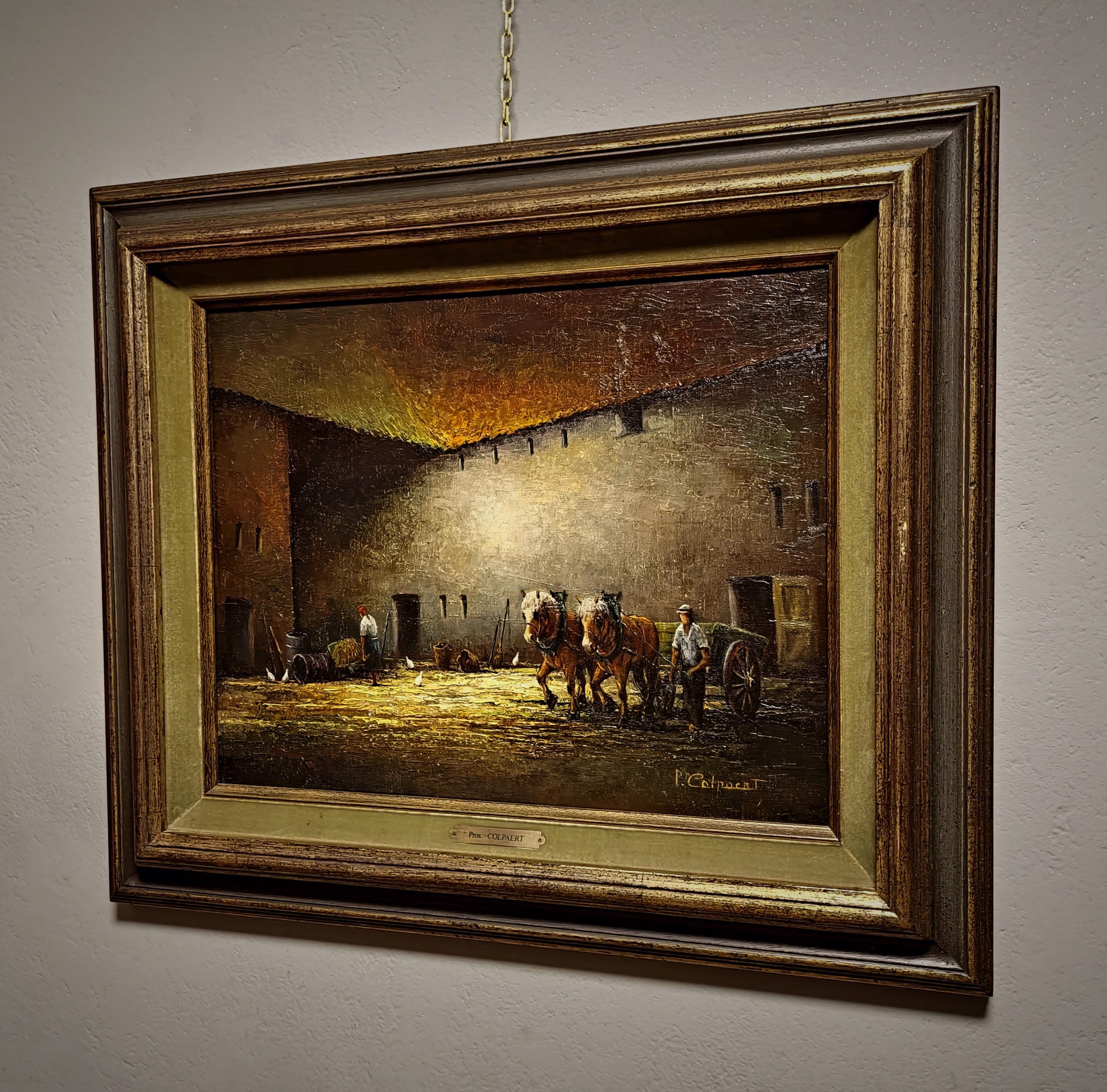 Vintage Oil Painting, Belgian Rural Scene, Dark Moody Farm