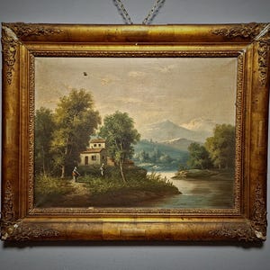 Large Antique French Oil Painting River Landscape with Figures, Original 19th Century Romantic Scene, Ornate Framed Wall Art, European Decor
