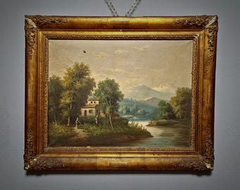 アンティークフランスロマン主義油絵、19世紀の風景画、署名入り