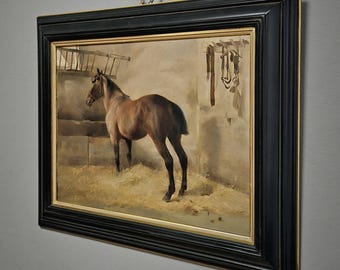 アンティークの馬の油絵、素朴な厩舎の風景、馬の動物のアート作品