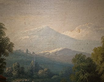 大型アンティークフランス油絵、人物が描かれた川の風景、19世紀の