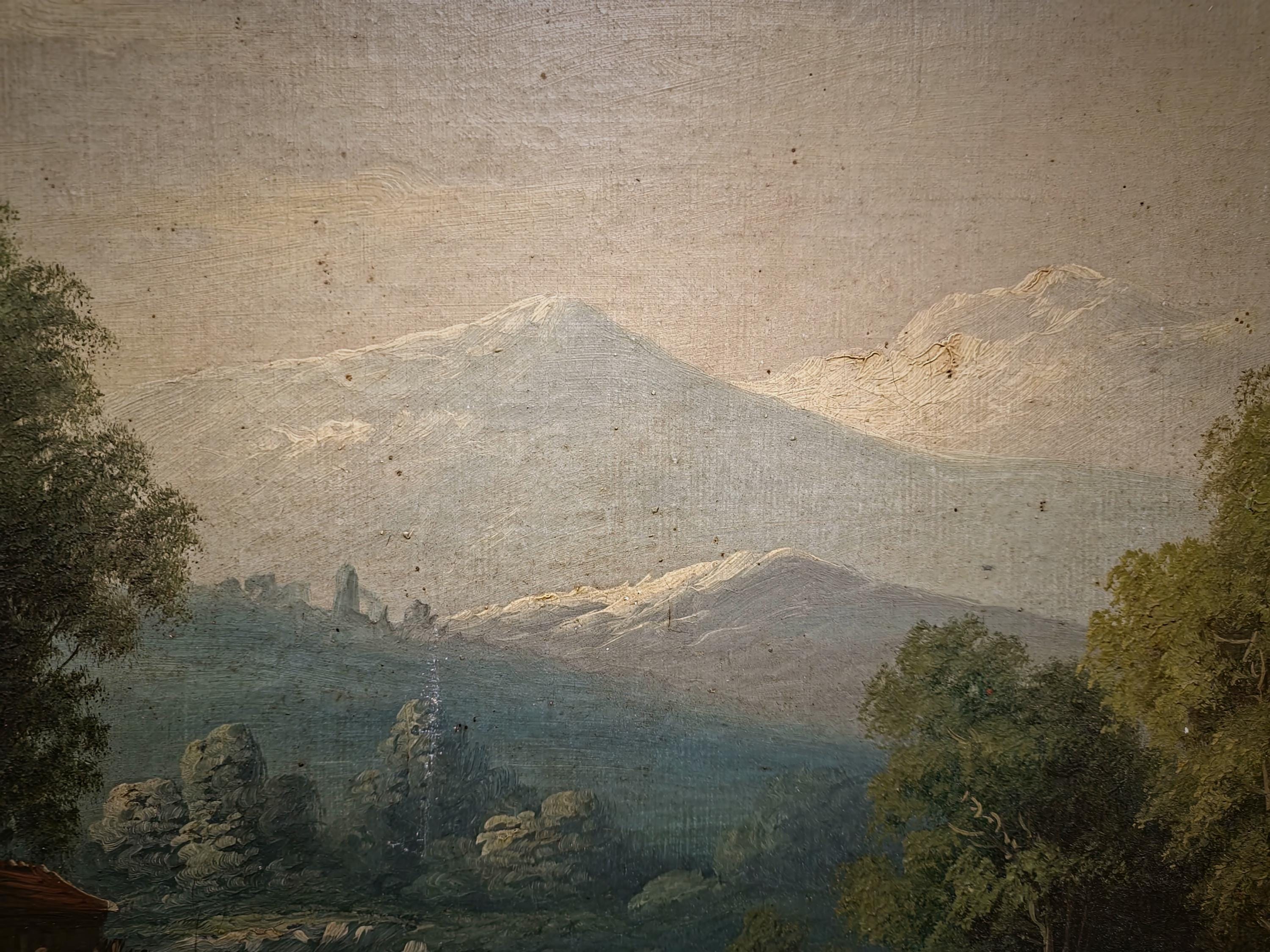 大型アンティークフランス油絵、人物が描かれた川の風景、19世紀の