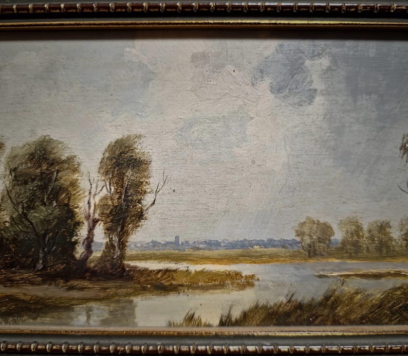 Charming German oil landscape signed and painted on panel, perfect for collectors of European fine art and fans of vintage rustic decor. The soft light, warm color palette, and classic proportions suit country homes, cabins, or traditional living rooms. Ideal for art collectors and decorators alike, this artwork also makes a memorable gift for family gatherings, weddings, or Christmas, especially for those who appreciate vintage oil paintings.
